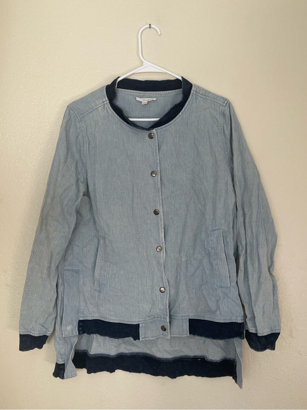 Le Lis Light Blue Cotton Bomber Jacket with Navy Trim